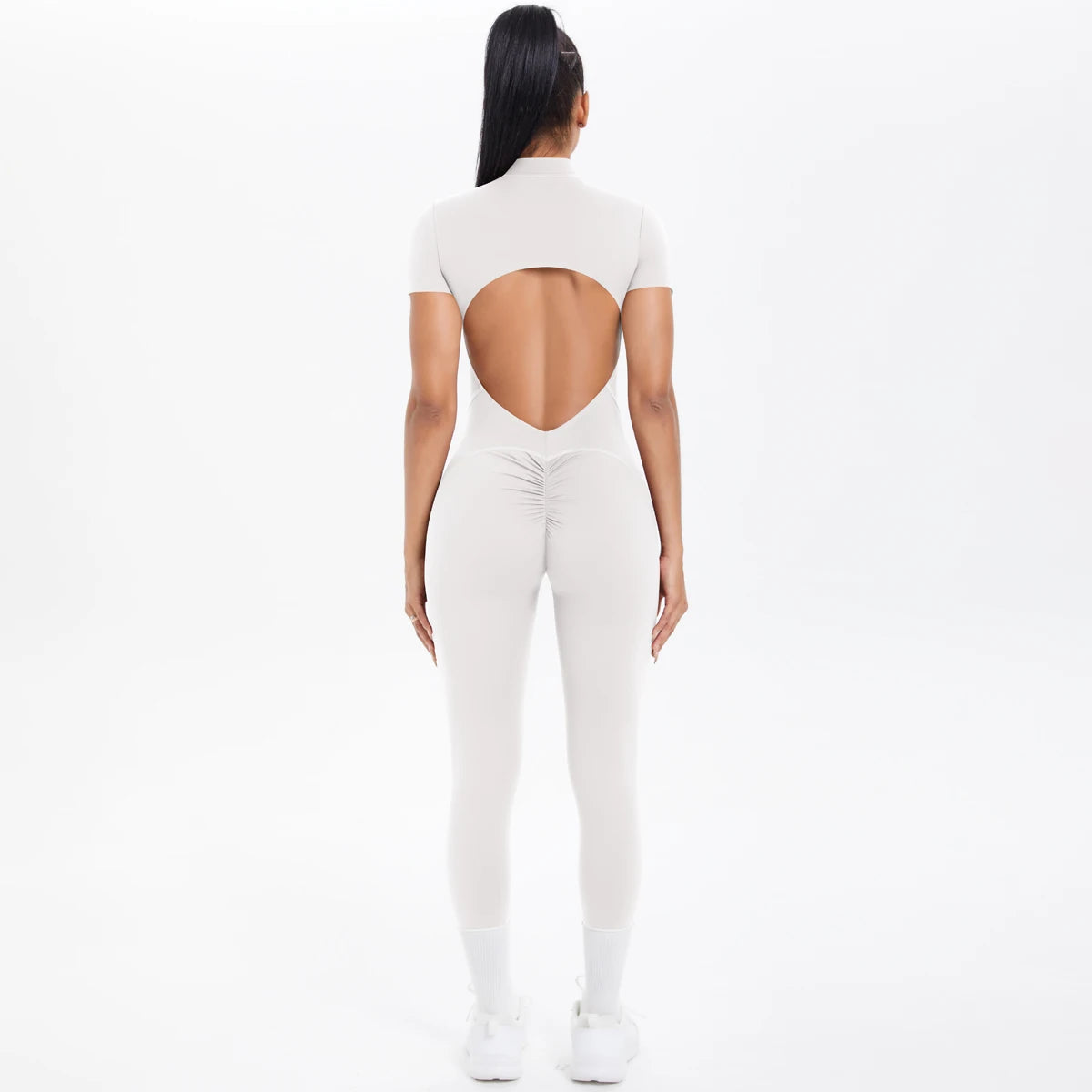 Short Sleeved Fitness Jumpsuit for Woman Bodysuits Backless Solid Color Scrunch One-Piece Suit Half Zipper Gym Yoga Sets Womens