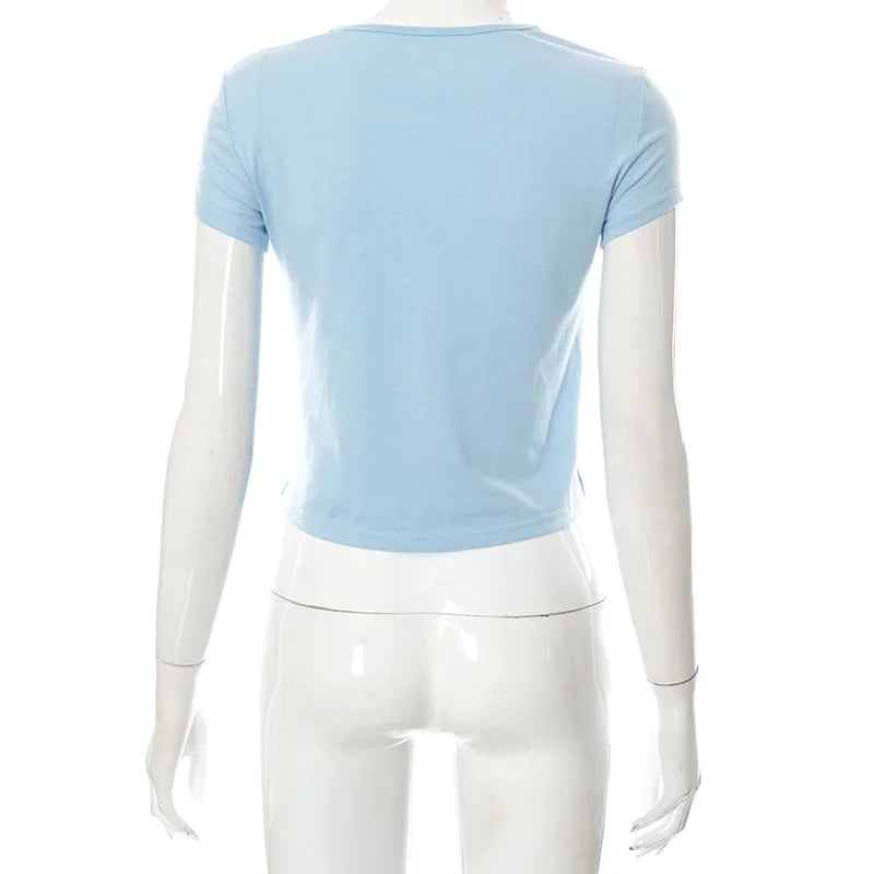 Cute 2000s Aesthetics Letter Print Blue Baby Tees Y2K Streetwear O-neck Short Sleeve Crop Tops Women Fashion 2023 Slim