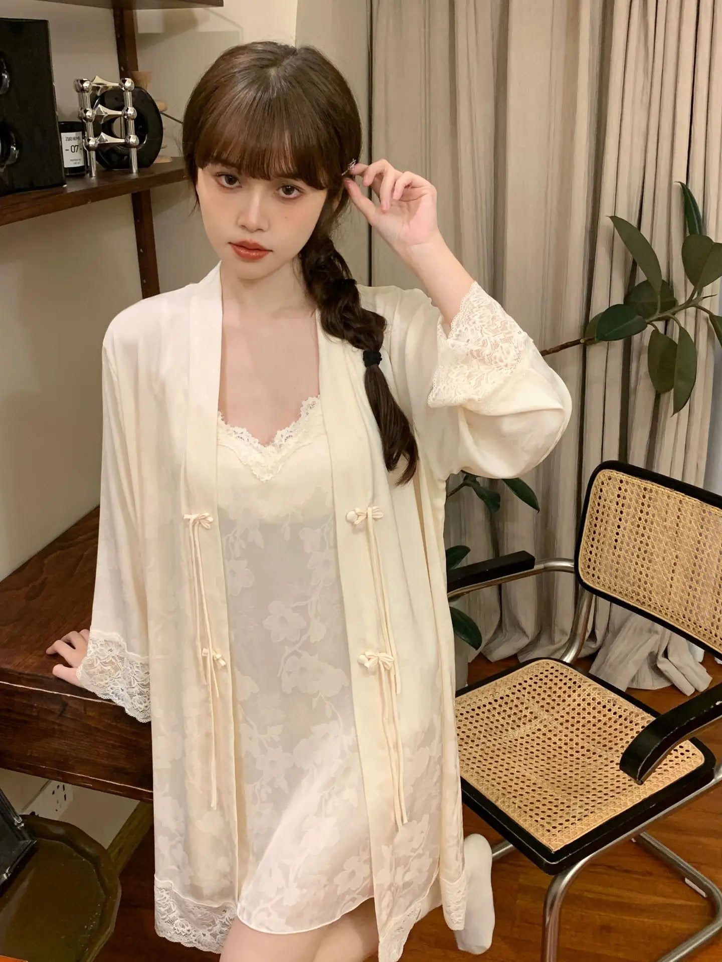 New Chinese Style 2PCS Robe Nightgown Set Sleepwear Sexy Lace Suspender Nightdress Loungewear Jacquard Satin Bathrobe Homewear Badiee Stylez
