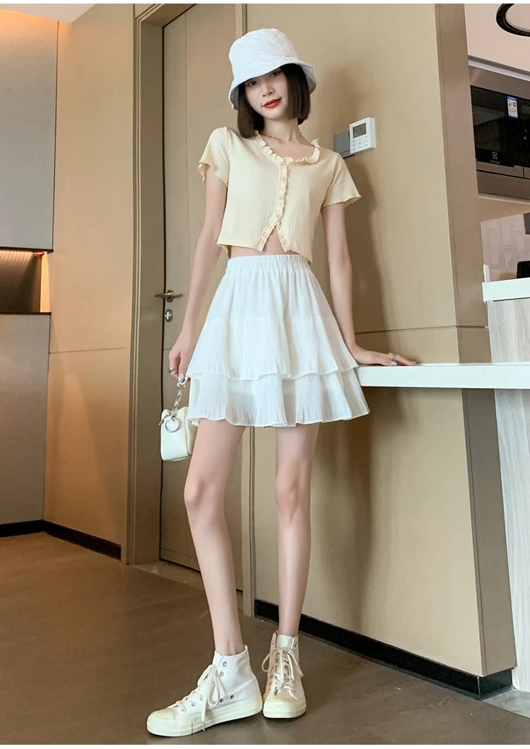 Casual Summer Ball Gown Pleated Skirts Women 2024 Korean Fashion Clothing Faldas Largas High Waist Black White A Line Mini Skirt