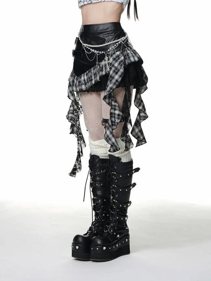 Retro Harajuku Gothic Style Leather Splicing Short Skirt for Women Y2K Lace Hem Mini Pleated Skirt Autumn Street Cool Girl