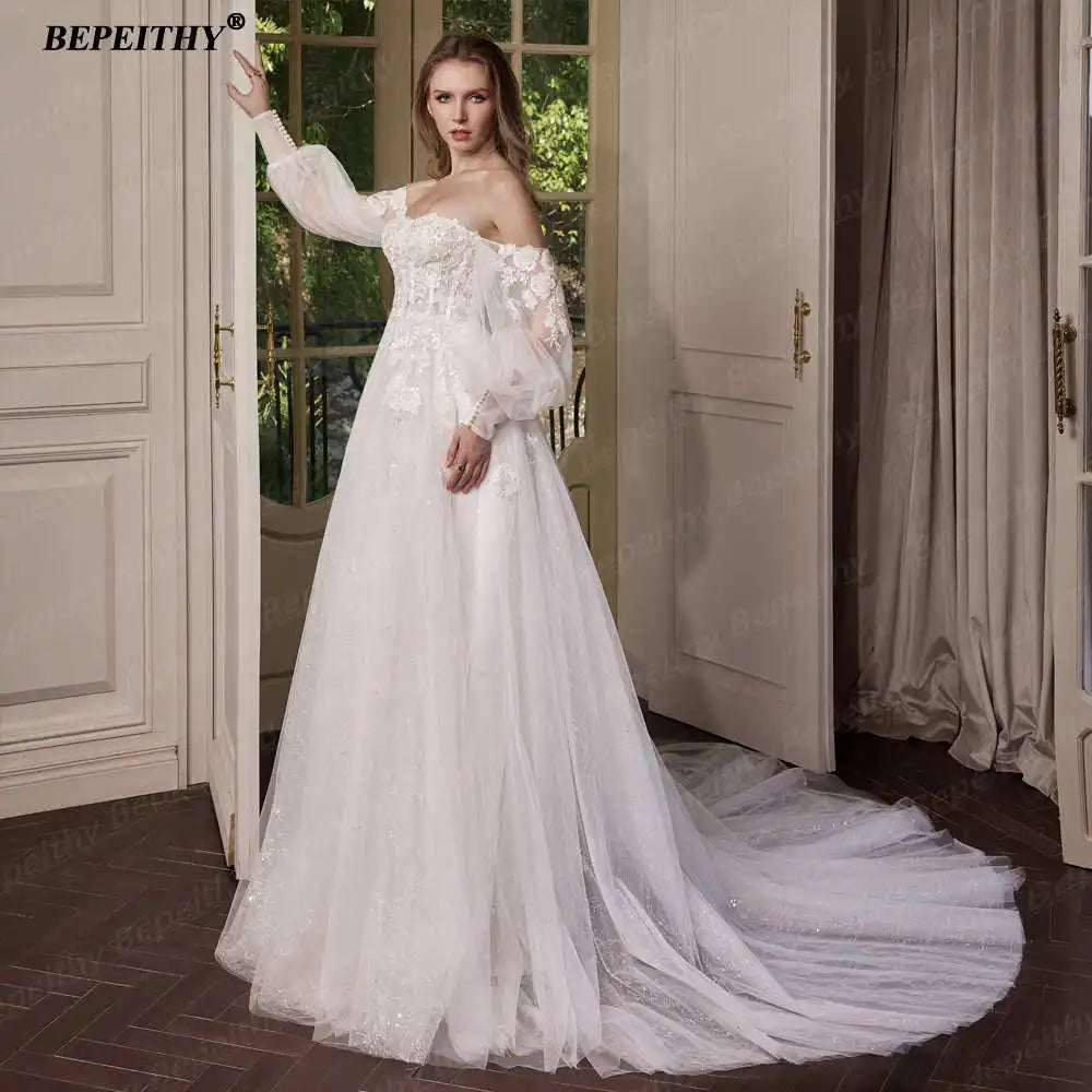 BEPEITHY Customized Strapless A Line Off Shoulder Long Sleeves Bride Ivory Wedding Dresses Glitter Court Train Bridal Gown 2025 Badiee Stylez