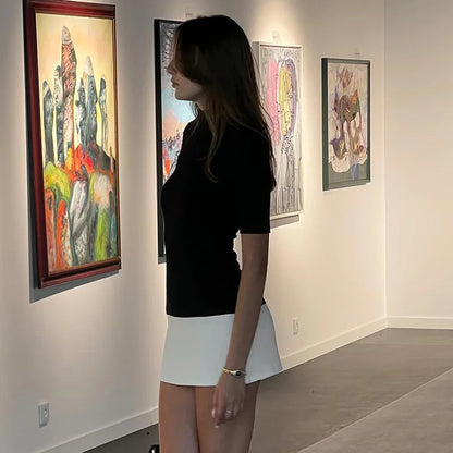 Summer 2025 Turtleneck Half Sleeve Mini Dresses French Style Fashion Elegant Black And White Patchwork Bodycon Dress