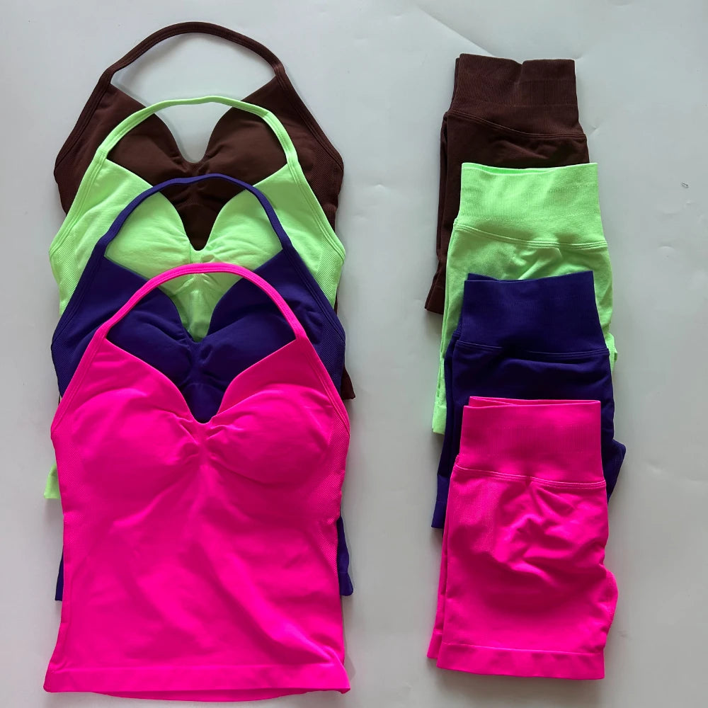 No Logo 2Pcs Gym Set Women Backless Tank Tops High Waist Scrunch Seamless Shorts Gym Suit Fitness Clothes Activewear Workout Set Badiee Stylez