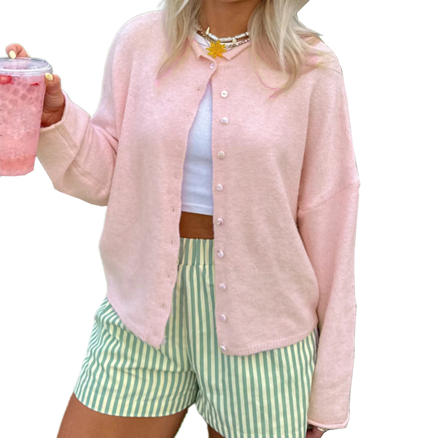 Combhasaki Women's Y2K Chic Solid Color Knitwear Cardigan Fuzzy Long Sleeve Button-down Front Closure Loose Fit Basic Sweaters Pink