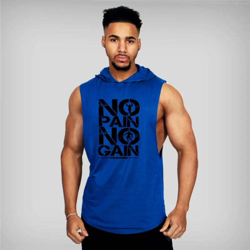 Mens Bodybuilding Sleeveless Hooded Shirts Summer Breathable Loose Cotton Hip Hop Tank Tops Gym Workout Fitness Muscle Hoodie Blue