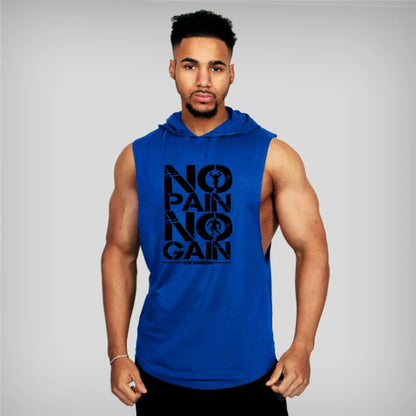 Mens Bodybuilding Sleeveless Hooded Shirts Summer Breathable Loose Cotton Hip Hop Tank Tops Gym Workout Fitness Muscle Hoodie Blue