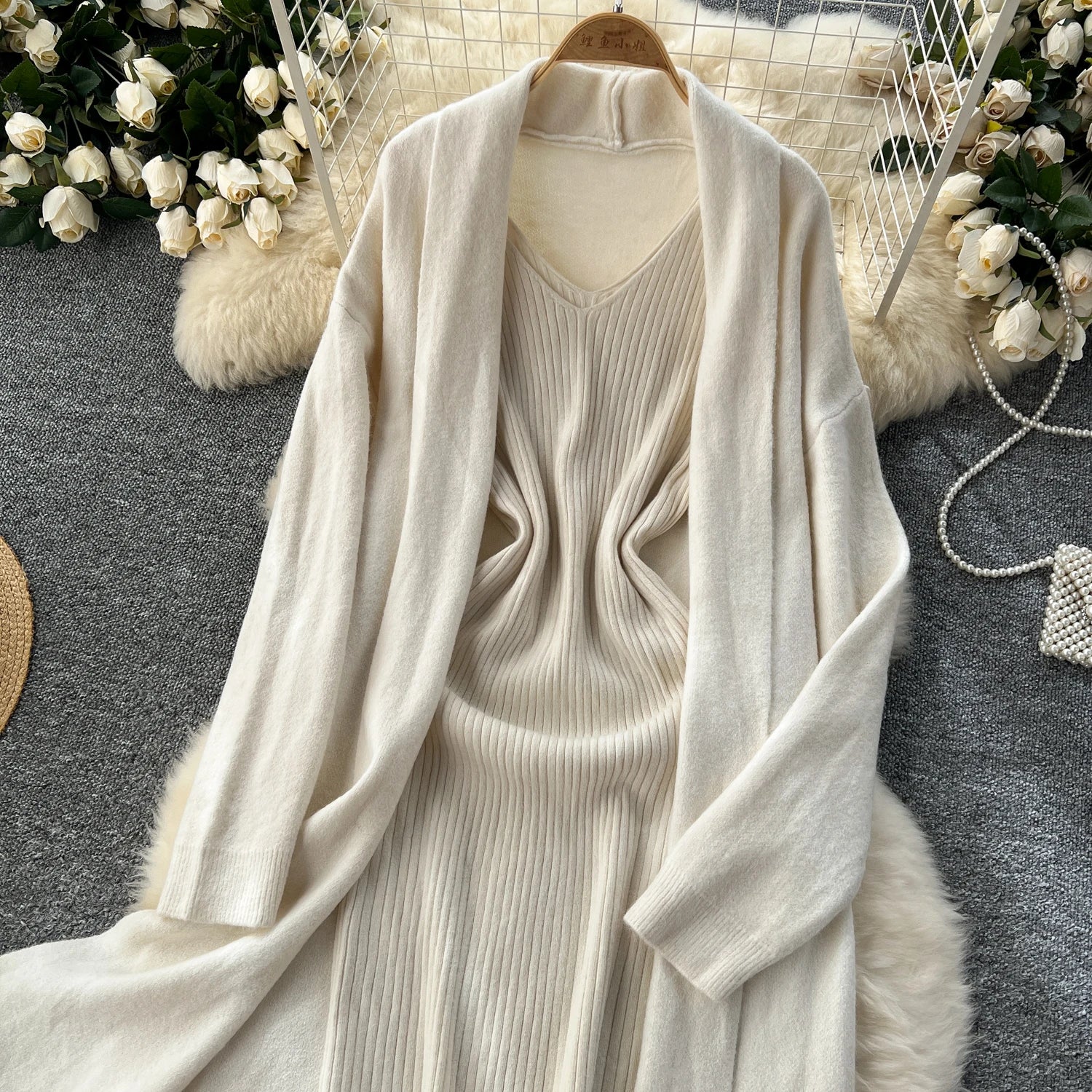 SINGREINY Autumn Knitted Two Pieces Sets Ladies Loose Knitting Cardigan+Spaghetti Strap Bodycon Dress Basic Solid Winter Suits Badiee Stylez
