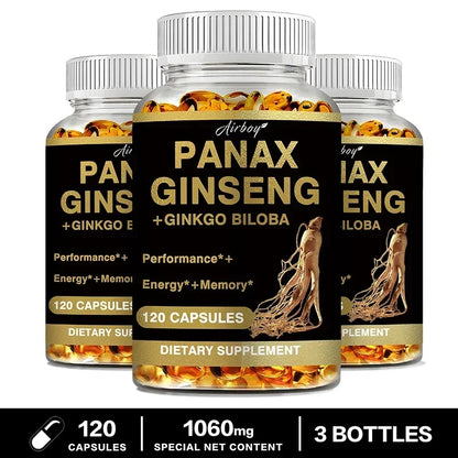 Panax Ginseng + Ginkgo Biloba - Immune Support, Enhance Physical Performance, Improve Memory, and Maintain Overall Health 120 Capsule-3bottles