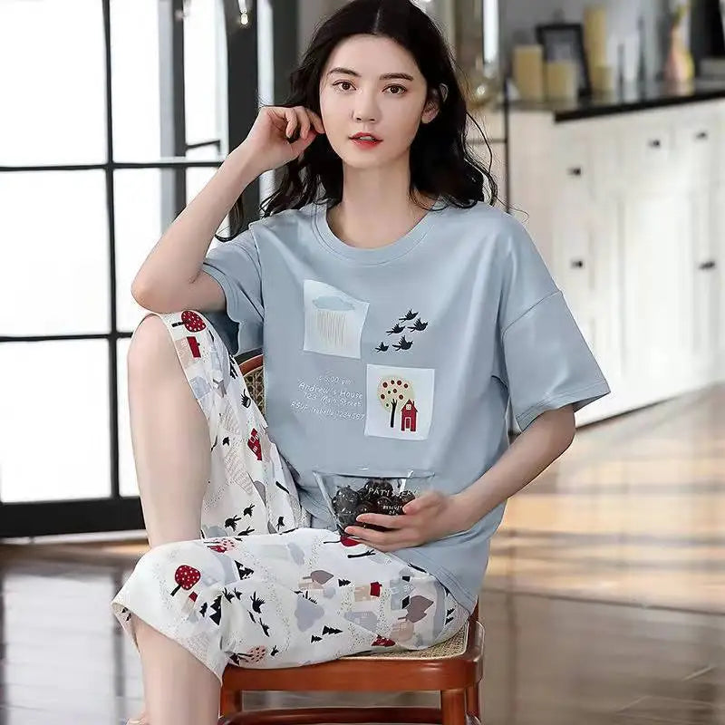 Summer Ladies Pajamas Loungewear Set Women's Summer Short Sleeve Cropped Pants Loungewear Thin Korean Casual Two-Piece Set Blue2023-33