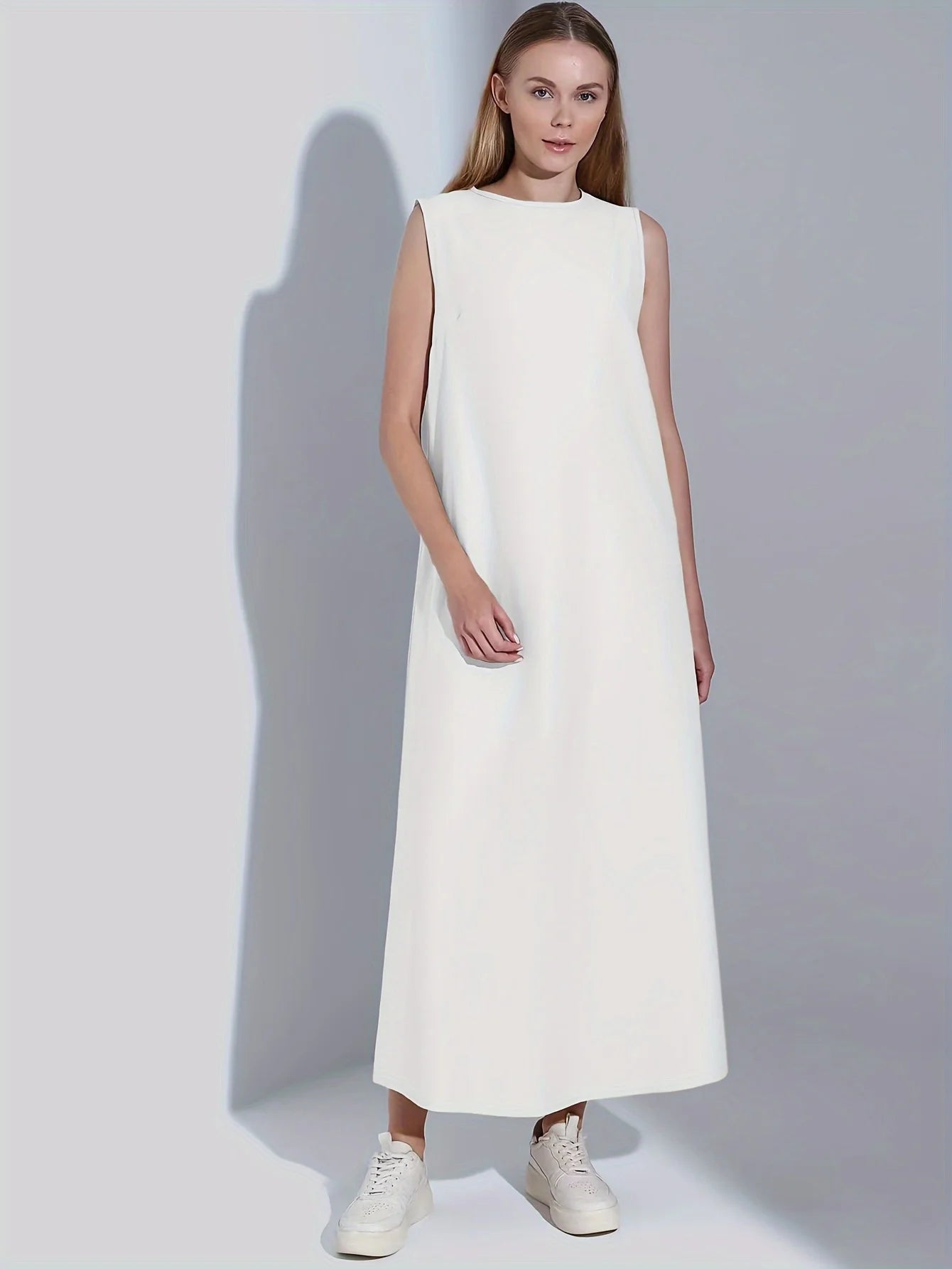 Casual White Dress Simple Vest Dress Loose Round Neck Draped Straight Skirt White