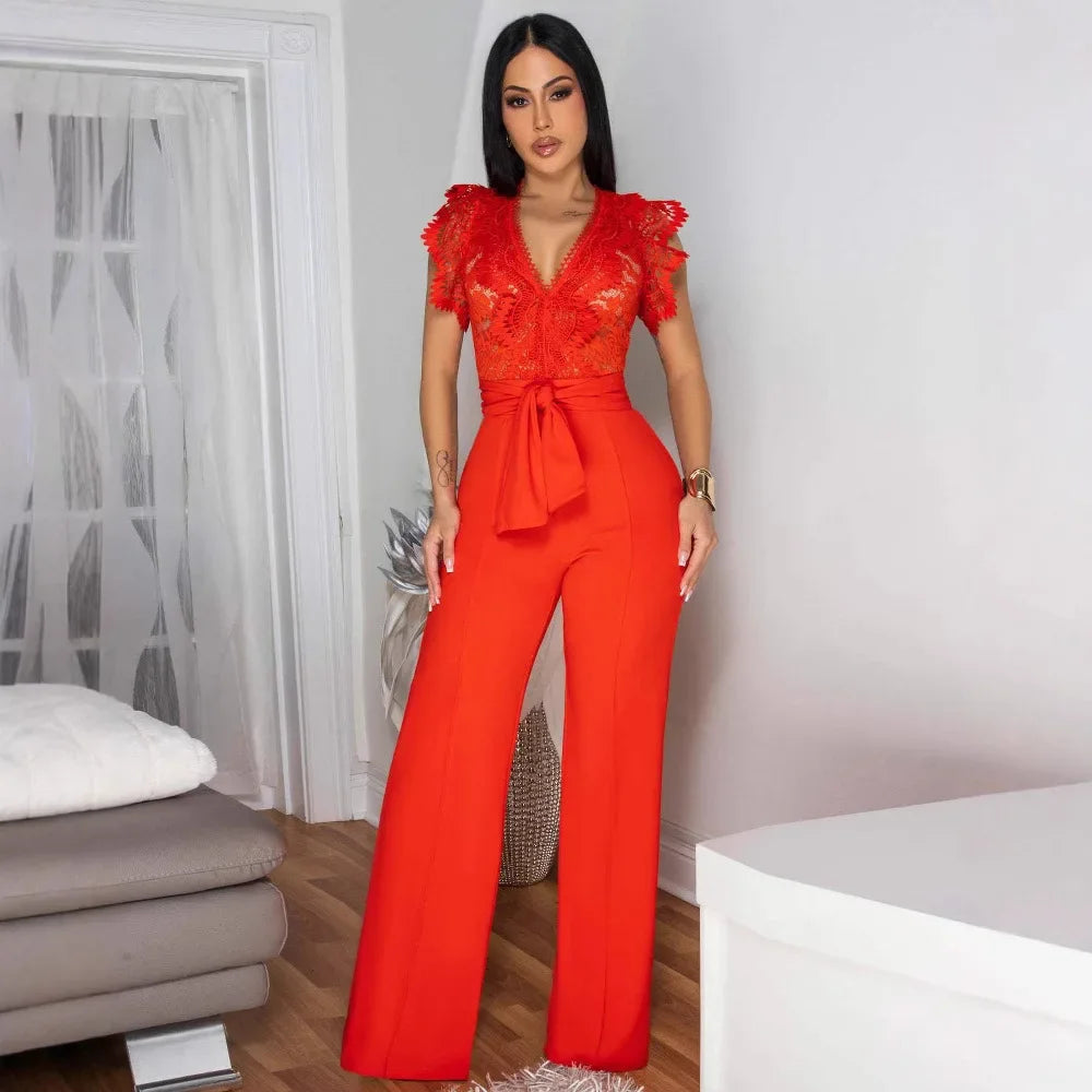 Women Lace See Though Patchwork Short Sleeve V-neck Jumpsuits Summer Vacation One Piece Set Streetwear Fitness Jumpsuit Badiee Stylez
