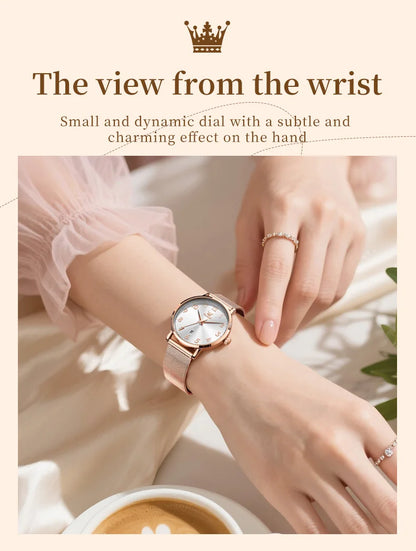 OLEVS New 5653 Woman Watch Elegant Rose Gold Mesh Steel Strap Ladies Watches Digital Dial Simple Fashion Quartz Watch for Women