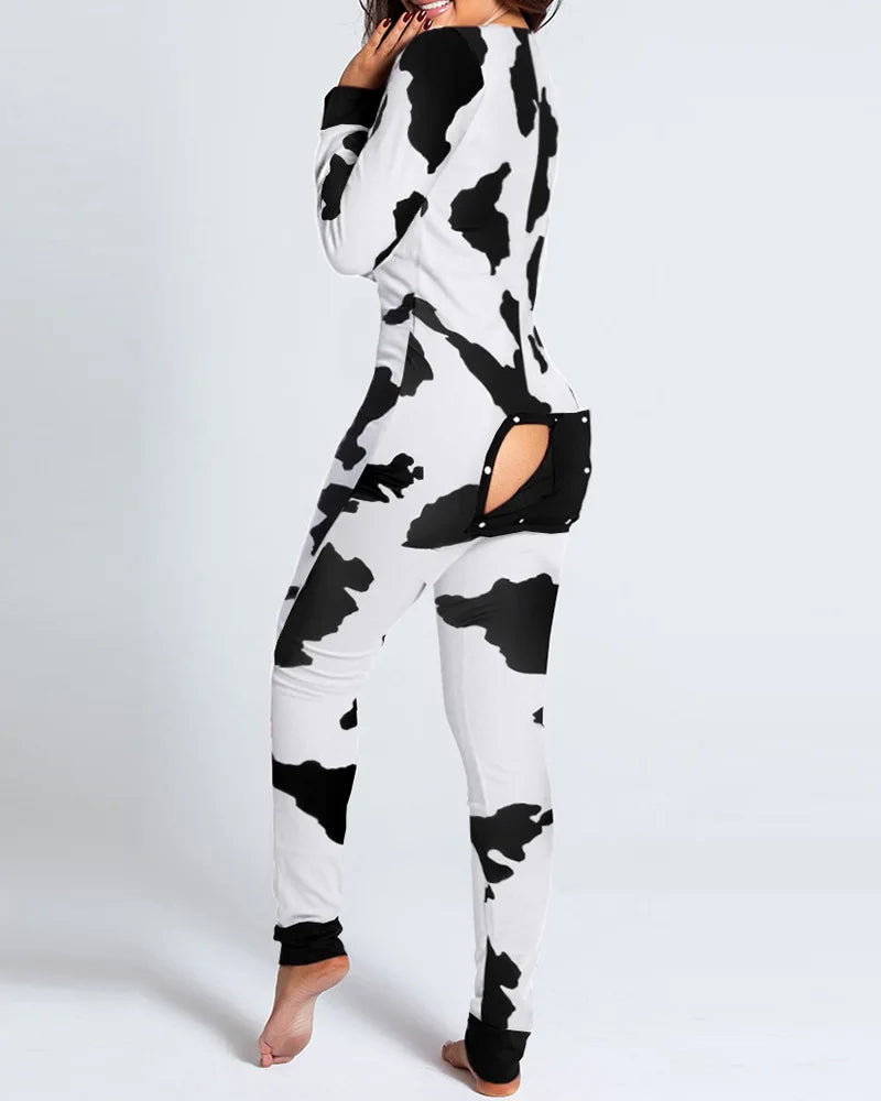 Sexy Pyjama Women's Jumpsuit Suit Button-down Front Back Butt Bum open Ass Flap Jumpsuit Loungewear Christmas Print Buttoned Black cow cover