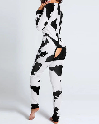 Sexy Pyjama Women's Jumpsuit Suit Button-down Front Back Butt Bum open Ass Flap Jumpsuit Loungewear Christmas Print Buttoned Black cow cover