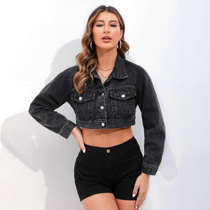 Women's Spring Denim Top with Stylish Lapel and Long Sleeves in Solid Color Individuality High-waisted, Cropped Denim Jacket