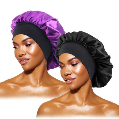 Women's Satin Solid Bonnets Wide-brimmed Night Sleeping Bathing Hat Unisex Head Wrap Elastic Band Cap Hair Care Bonnet black purple One Size