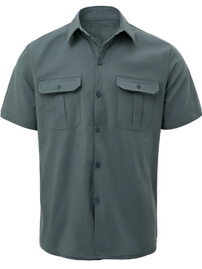 Men's Summer Lapel Solid Short Sleeve Shirt with Two Pockets Casual Button Comfort Cardigan M13-grey