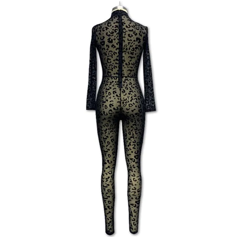 New women's Western style jumpsuit slim long sleeve sexy flocking perspective slimming jumpsuit Badiee Stylez