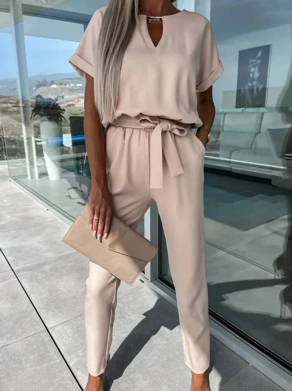 Jumpsuit Women 2023 Solid Color Short Sleeve V-neck Pocket Lace-up Pencil Long Pants Jumpsuits Summer Outfits Bodysuits Badiee Stylez
