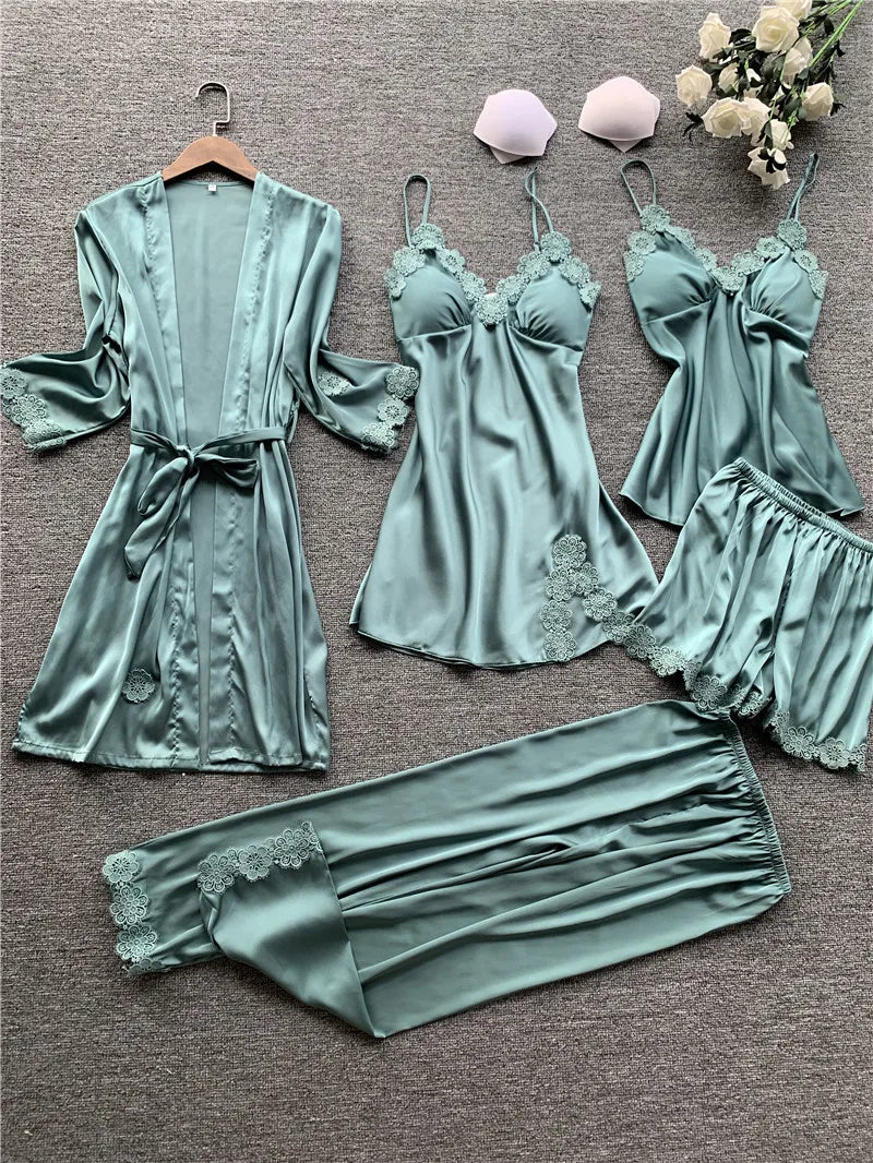 Pajamas Five Piece Set Sexy Lace Trim Nightgown Nightwear Spring Summer Women Bath Robe Loose Silk Satin Home Wear Pijamas Suit