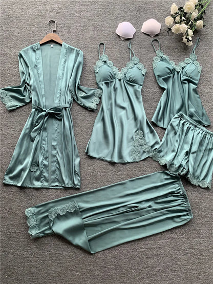 Pajamas Five Piece Set Sexy Lace Trim Nightgown Nightwear Spring Summer Women Bath Robe Loose Silk Satin Home Wear Pijamas Suit