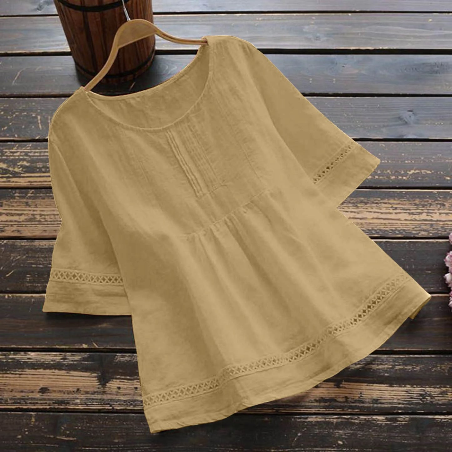 Fashion O-neck Short Sleeve White Lace Tops And Blouses Women 2024 Summer Loose Casual Cotton Linen Top Femme Blouse Shirt Woman Khaki