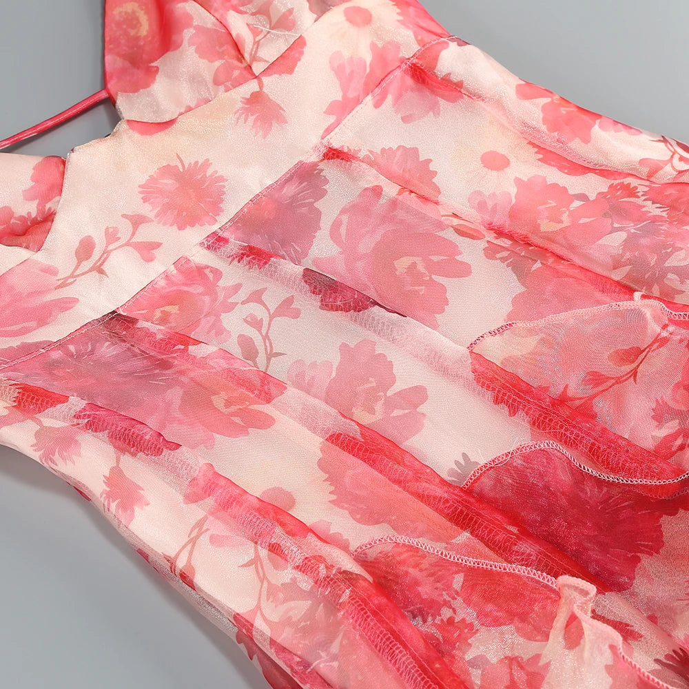 Summer New 2024 Women Sexy V Neck Backless Flower Chiffon Maxi Gowns Dress Split Celebrity Cut Out Beach Maxi Dress