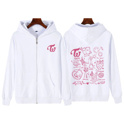 2023 Twice Kpop Album Print Hoodie Sweatshirts Long Sleeve Streewear Pullover Clothes Zip Up Hoodie WHITE