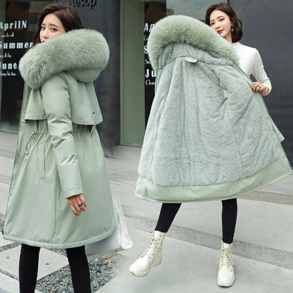 Thiened Fce Women's Cotton Jaet Korean Sle Slim Fit Mid-Length Parka Coat Warm Casual Outerwear for Winter Season