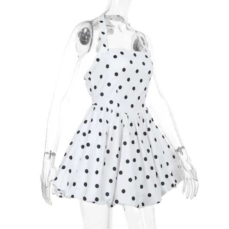 TARUXY Polka Dot Vacation Mini Dress For Women High Waist A-line Ball Gown Dress Sleeveless Halter Neck Female Summer Fashion