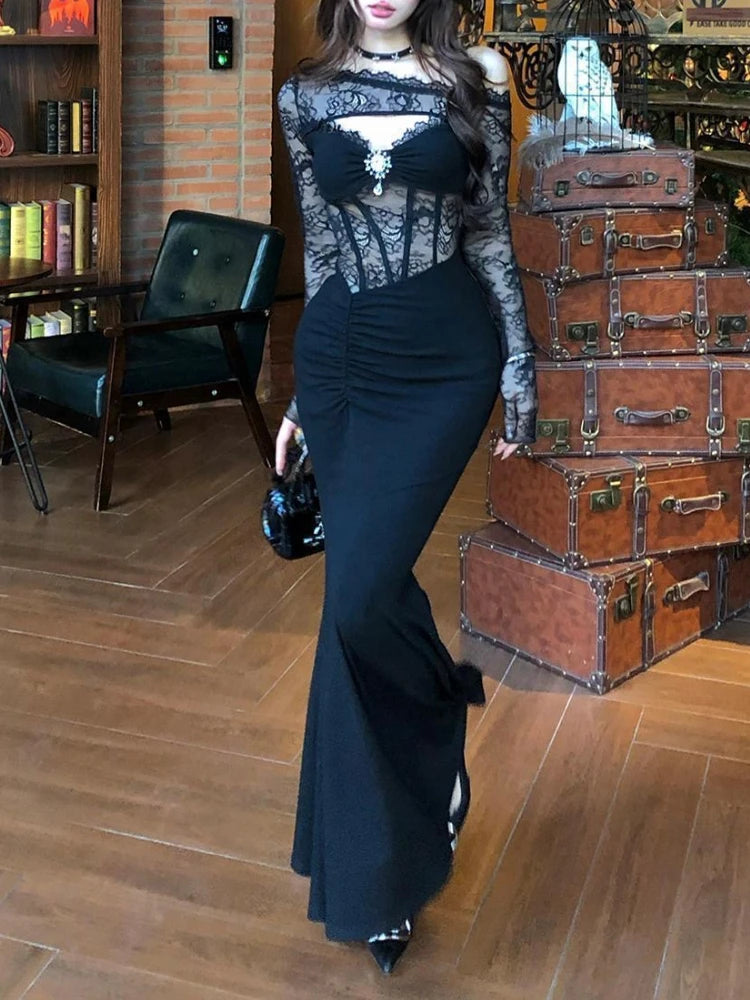 Summer Gothic Grunge Y2k Lace Dress Women Dark Academia Sexy Slim Party Dresses Korean Fashion Design Festival Long Prom Dress D2