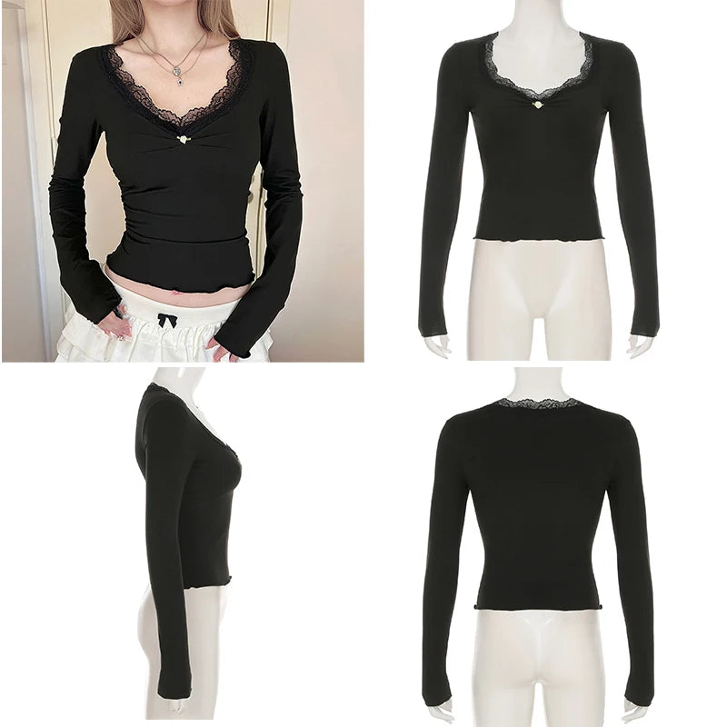 Cuteandpsycho Lace Patchwork Solid Slim Tee Shirts Long Sleeves V-neck Aesthetic Fashion Clothes Vintage Streetwear Black Tops
