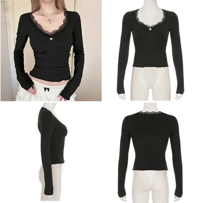 Cuteandpsycho Lace Patchwork Solid Slim Tee Shirts Long Sleeves V-neck Aesthetic Fashion Clothes Vintage Streetwear Black Tops