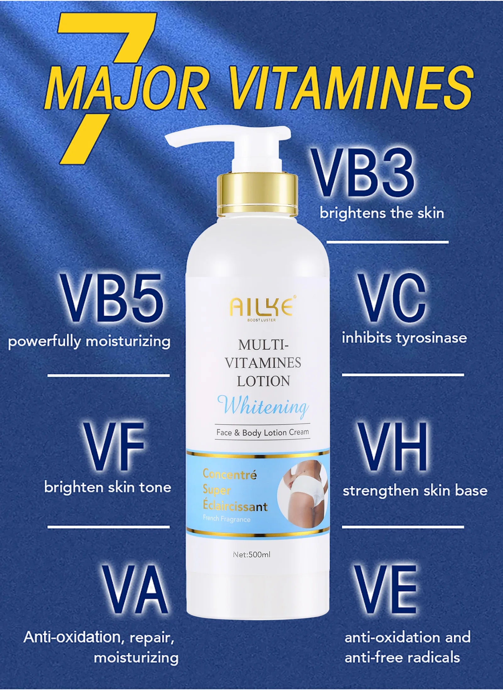 AILKE Multi Vitamin Whitening Body Lotion With Vitamins A,E,B3,B5, Increase Skin Radiance, Even Skin Tone, Moisturizer Cream