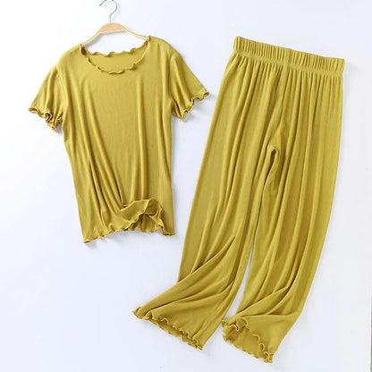 Japanese summer new ladies cotton modal short-sleeved nine-point pants suit home service suit women's large size home pajamas yellow