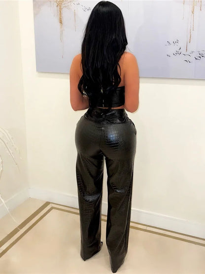 HBLL Women's Green Corset Cut-Out Cargo Sexy Sleeveless Jumpsuits PU Leather Matching Set Sexy Clubwear 2 Piece Outfits