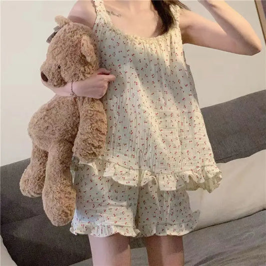 Pajamas Set for Women Sexy Home Clothing Sleepwear Tank Top Suit Shorts Cute Underwear Soft Nightwear Sleeveless Lace Loungewear 001 CHINA