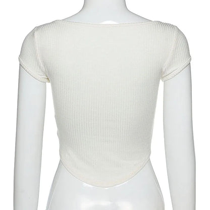 Women Summer Fashion Streetwear Sexy White Transparent Crop Tops Buttons V Neck Short Sleeve Pullover Slim T Shirts Club Party