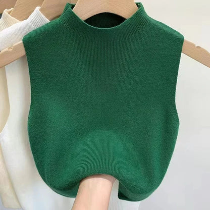 Knitted Top Women Y2K Tank Top Half Neck Vest Female Sleeveless Sweater Chic Streetwear Solid Skinny Tube Top Summer 2025 blackish green One Size