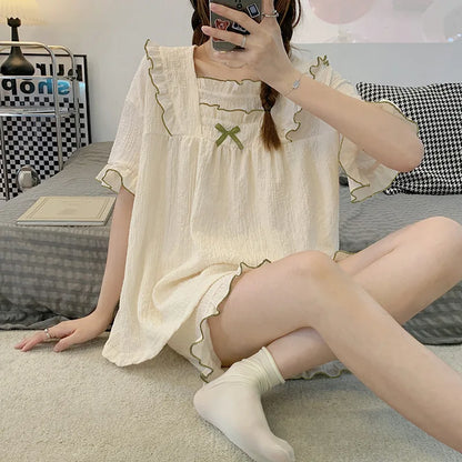 Pajamas Women's Summer Short-Sleeved Japanese Girls Solid-Coloured Breathable Large Size Bubble Cotton Casual Pajamas Homewear
