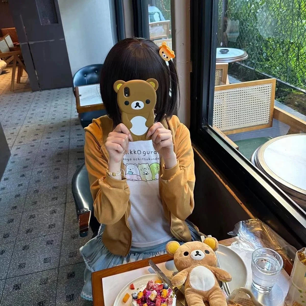 Cute Cartoon Hoodie Rilakkumaed Zip-up Hoodie Teddy Bear Ears Long Sleeve Jacket Fashion Women's Casual Cardigan Cotton Clothing