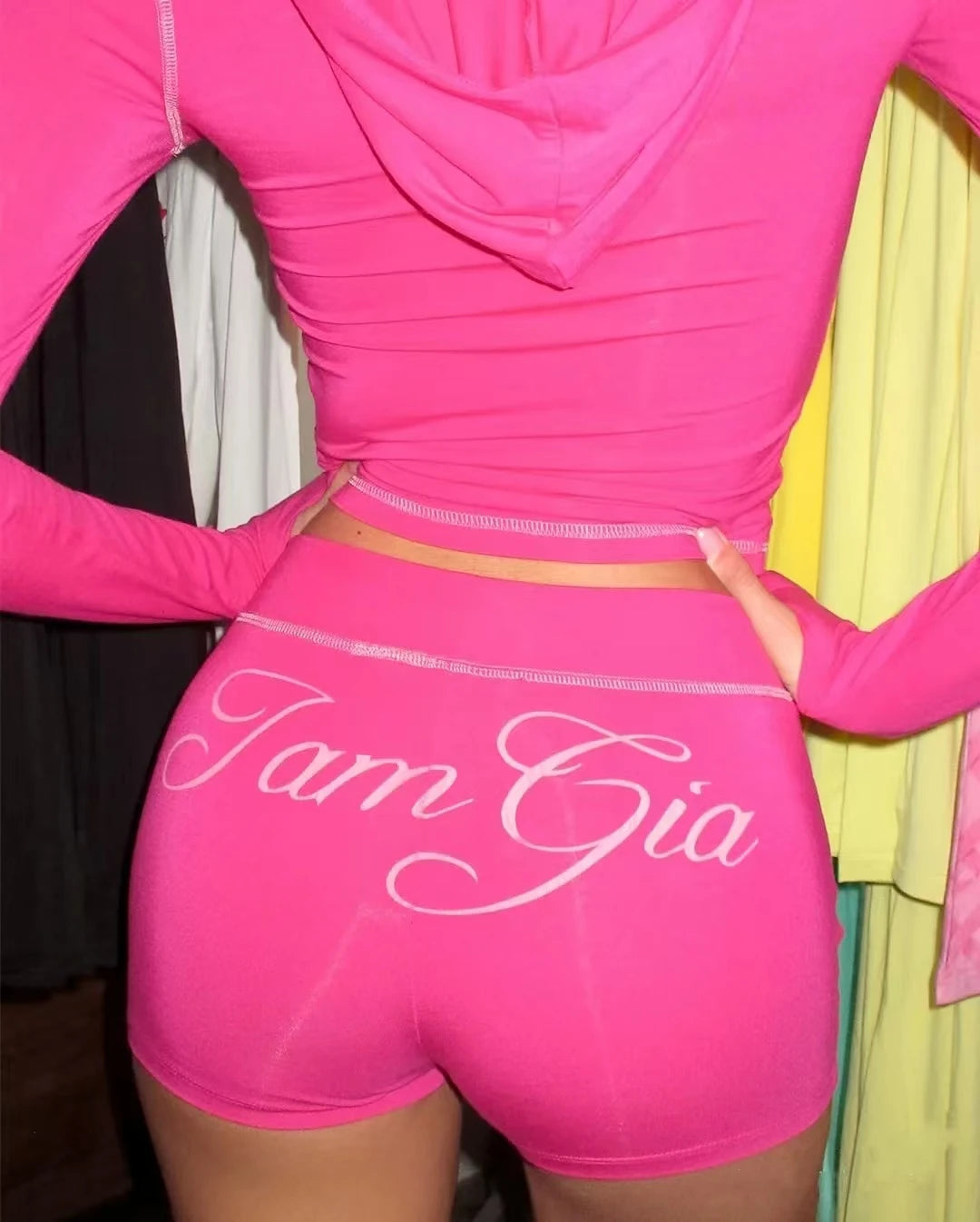 new shoulder letter printed open thread design slim fit hooded zipper short jacket shorts set