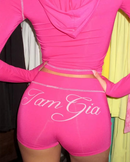 new shoulder letter printed open thread design slim fit hooded zipper short jacket shorts set