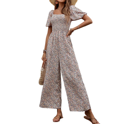 Bohemian Vacation Holiday Jumpsuit Women Pleated Wide Leg Rompers Chiffon Print Ethnic Playsuit Summer Casual Jumpsuits Badiee Stylez