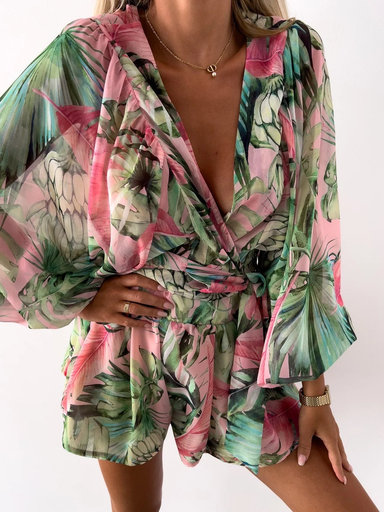 Sexy Deep V Neck Jumpsuit For Women Summer Casual Boho Beach Vacation Outfit Fashion Print Lantern Sleeve Rompers Shorts Women's green