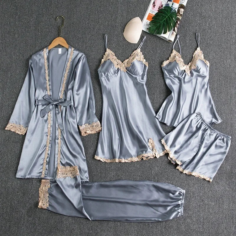 5-piece Set of Women's Sleepwear Sexy Silk Nightgown Lace Satin Nightgown V-neck Vest Breathable Comfortable Women's Nightgown