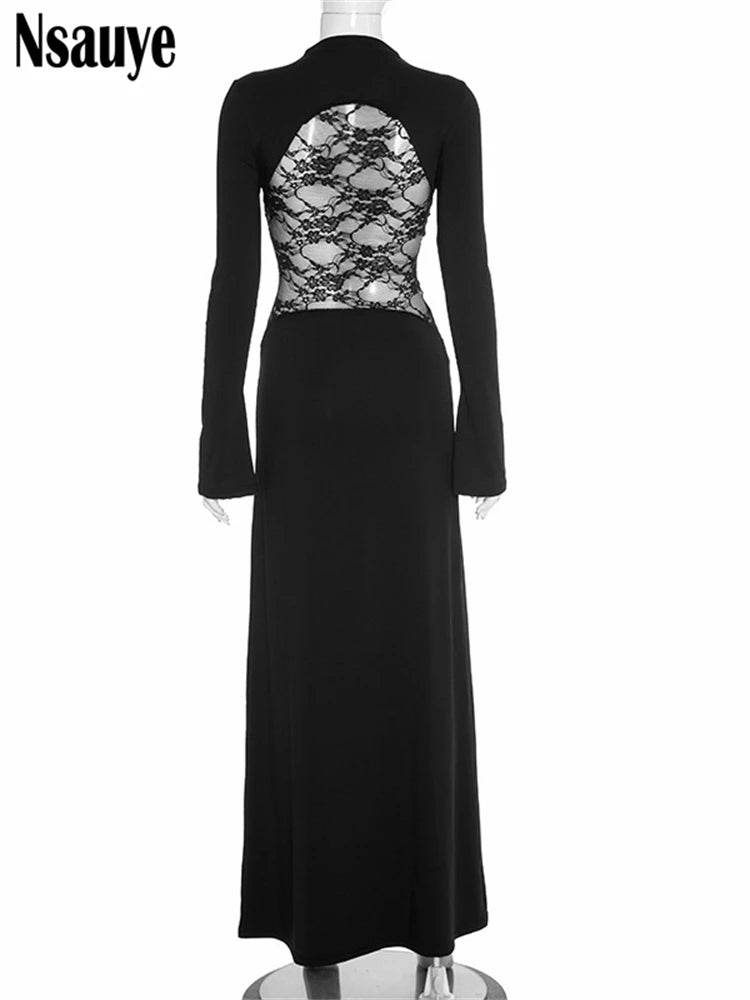 Nsauye Sexy Hollow Out Backless Lace Patchwork Slim Maxi Dresses For Women 2025 Autumn Winter Long Sleeve Long Dress Club Party