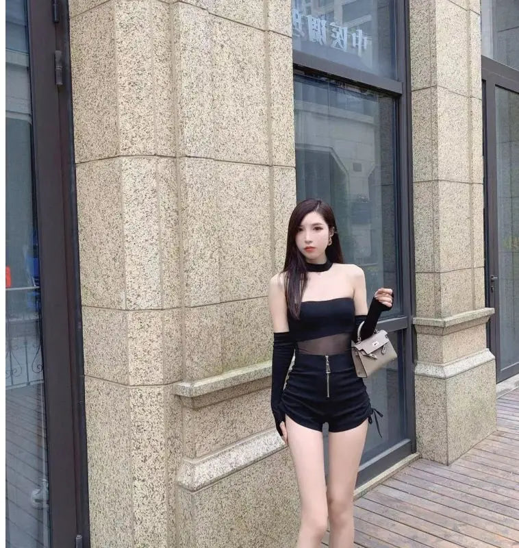 High Waist Shirring Black Bodycon Shorts Female Summer All-match Pleated Elasticity Elastic Waist Straight Women Slim Trousers