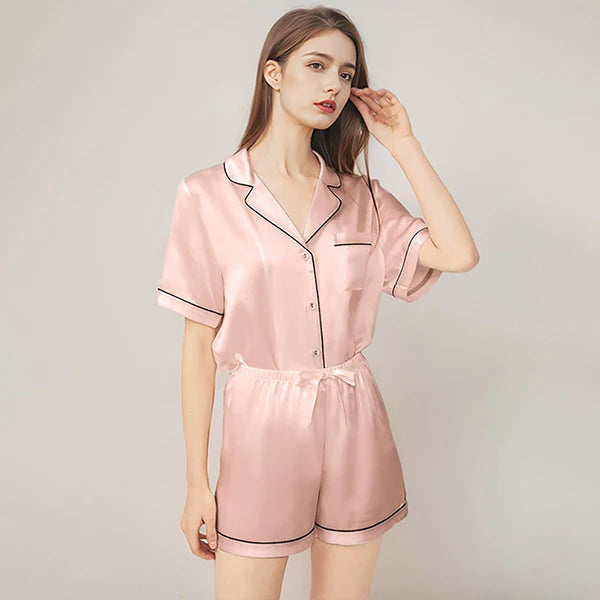 100% Real Mulberry Silk Womens Pajamas Set Sleepwear Pjs Button Down Short Sleeve Shirt Top and Shorts Loungewear 2 Piece M-4XL Pink CHINA